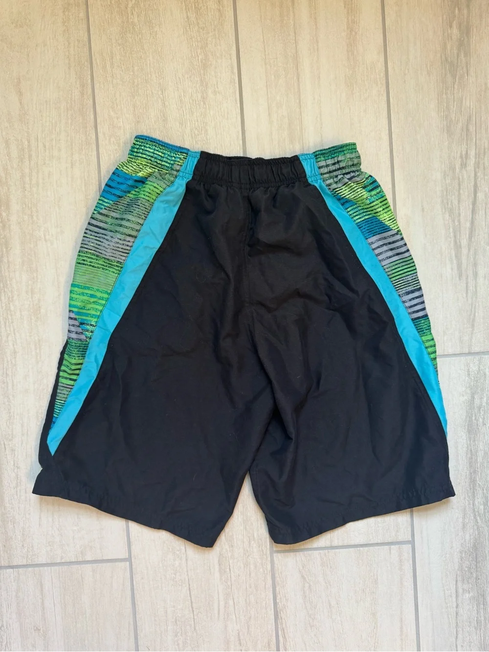 Nike Black Athletic Shorts with Neon Green Drawstring and Teal Accents